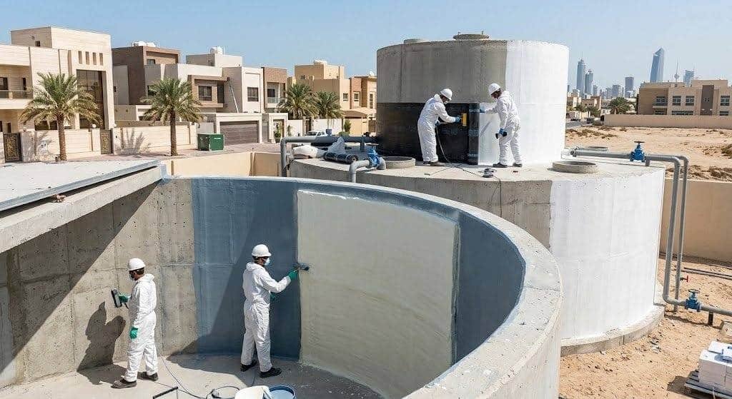 فريق عمل محترف يقوم بتنظيف وعزل خزانات المياه بدقة وأمان باستخدام أحدث التقنيات ومواد العزل عالية الجودة ضمن خدمات عزل خزانات الديره لضمان مياه صحية نقية وحماية المباني وراحة العملاء.