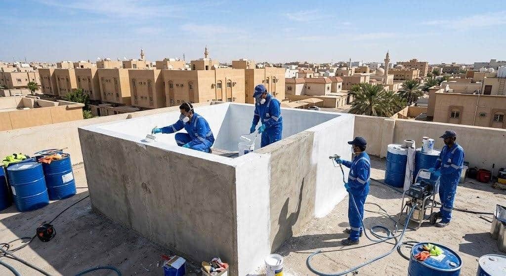 فريق عمل متخصص يقوم بتنظيف وطلاء مواد العزل للخزانات بدقة وأمان ضمن خدمات عزل خزانات حي الفلاح لضمان حماية المياه وسلامة المبنى وراحة العملاء.